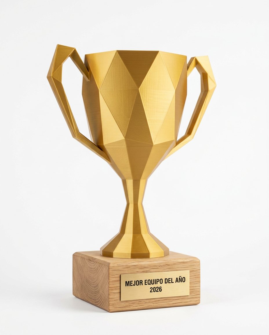 Copa low-poly dorada impresa en 3D sobre base de roble