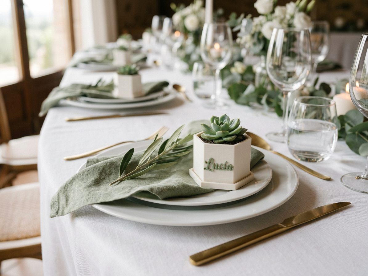 Detalle de boda impreso en 3D: macetita hexagonal con suculenta y el nombre de la invitada, en la mesa del banquete