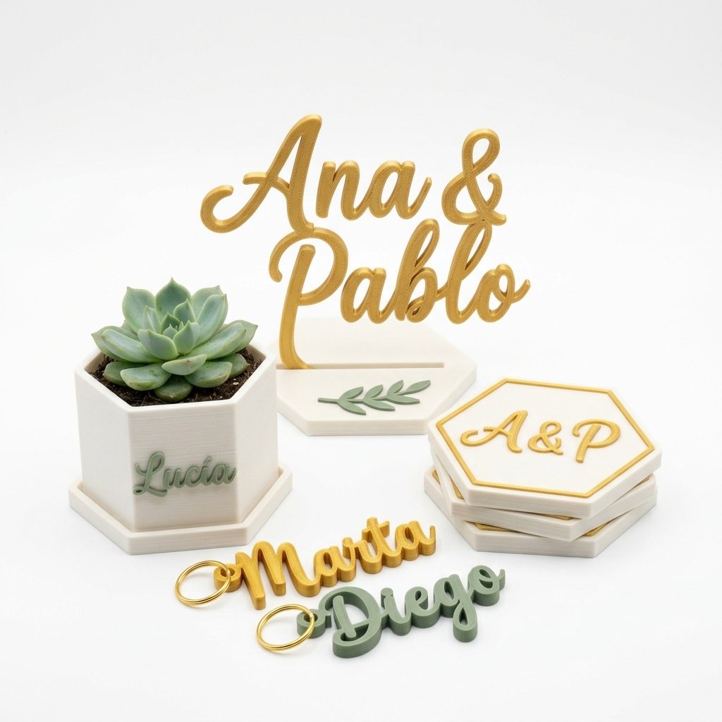 Conjunto de detalles de boda impresos en 3D: marcasitio, macetita, posavasos y llaveros con nombre