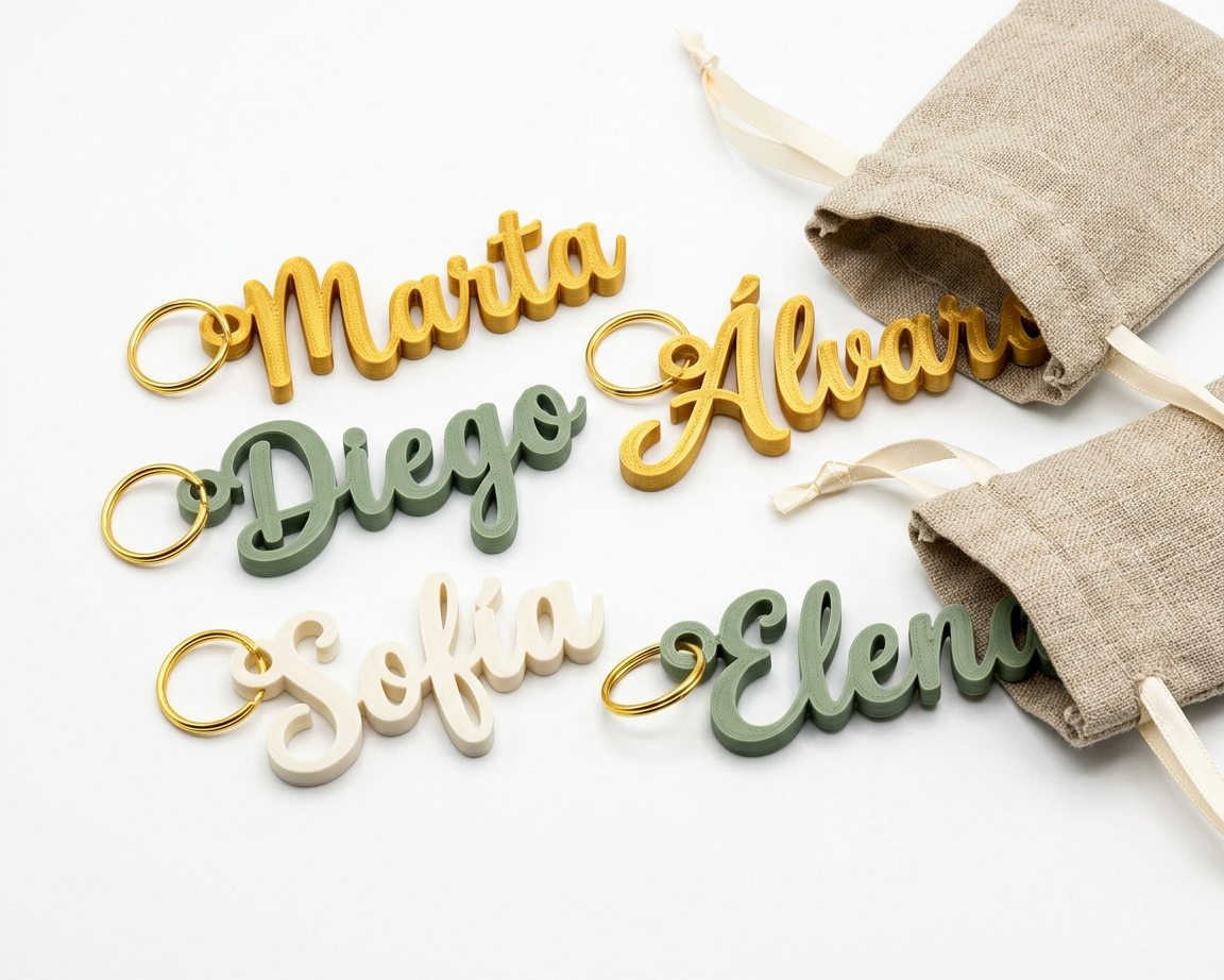 Llaveros con nombre para invitados de boda, impresos en 3D en dorado, verde salvia y marfil