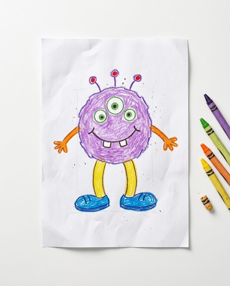 Dibujo a ceras de un monstruo morado de tres ojos