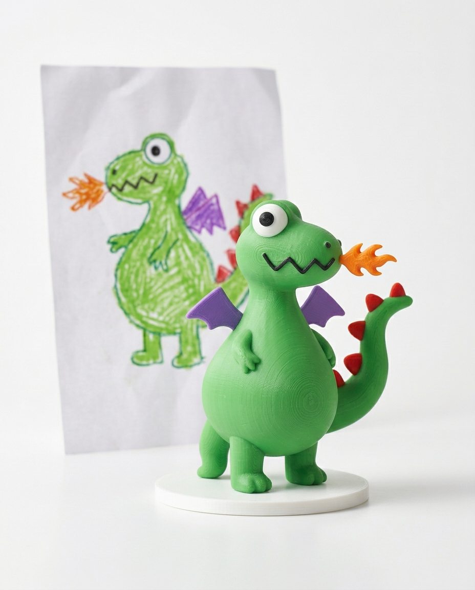 Figura del dragón verde junto a su dibujo