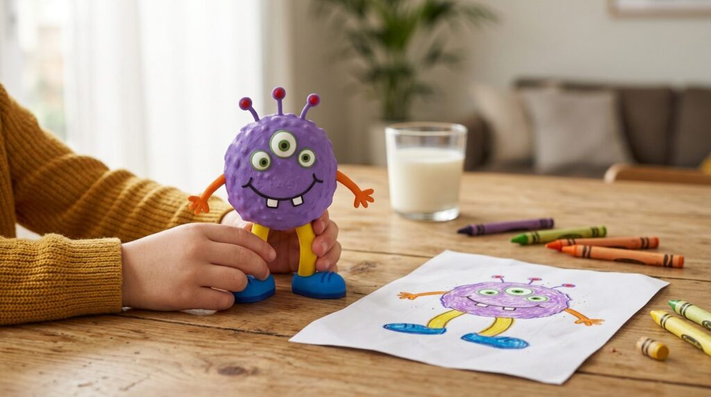 Un niño sujeta la figura 3D de su dibujo junto al dibujo original