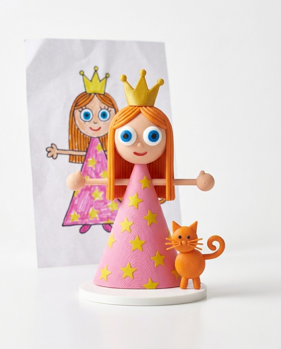 Figura de la princesa con su gato junto a su dibujo