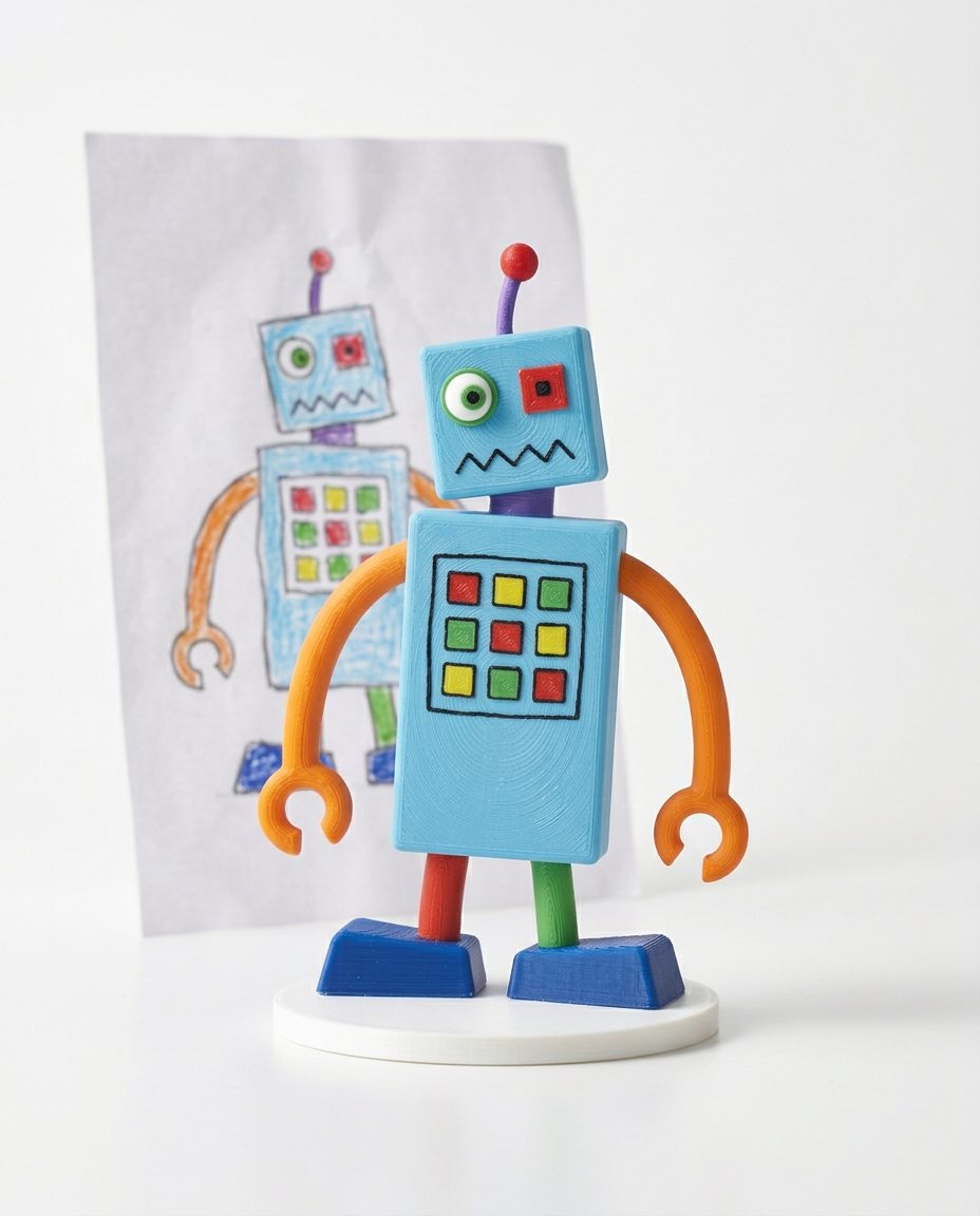 Figura del robot de botones junto a su dibujo