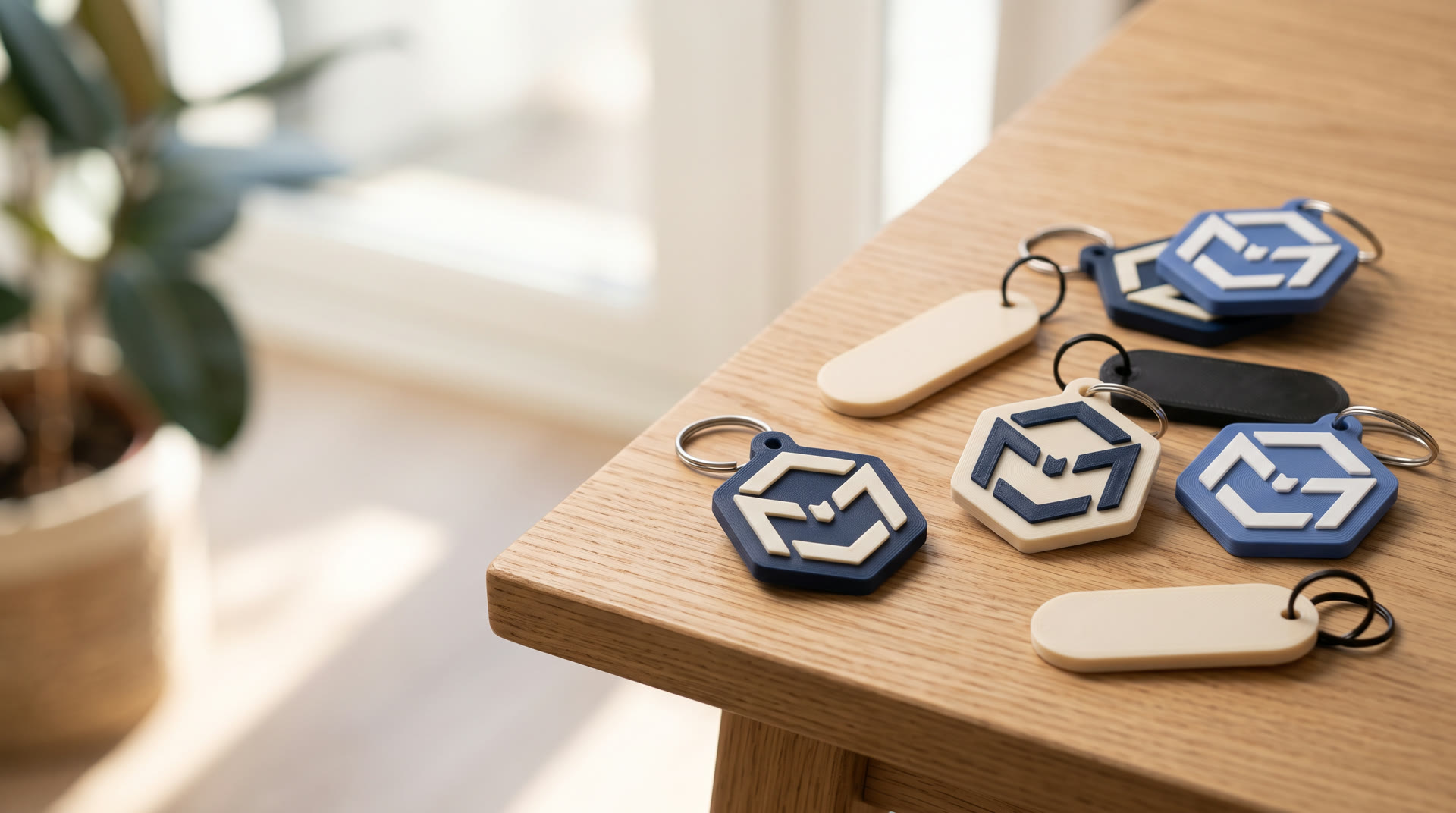 Llaveros de empresa impresos en 3D con los logos de Miguel Design Hub y Bonzers, sobre una mesa de roble