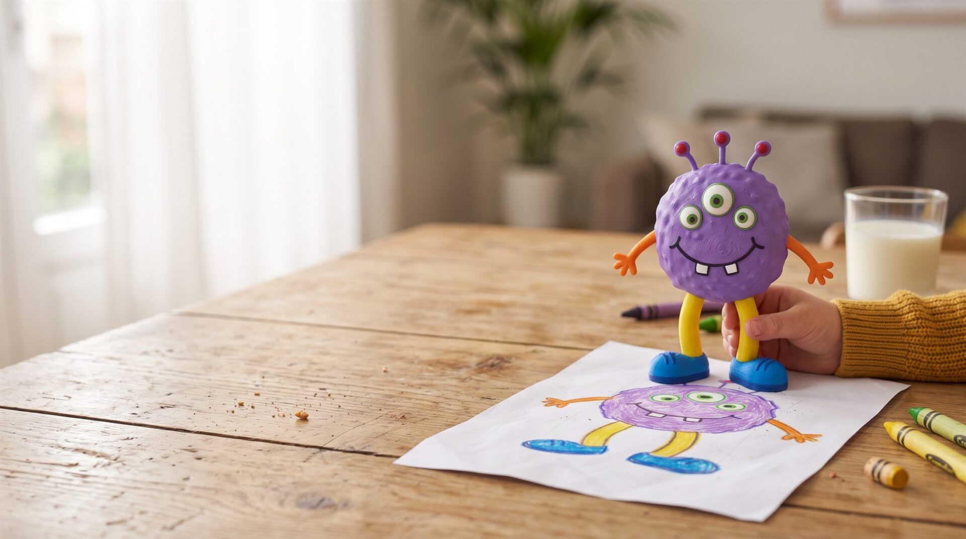 Figura impresa en 3D del dibujo de un niño junto al dibujo original, en la mesa de la cocina