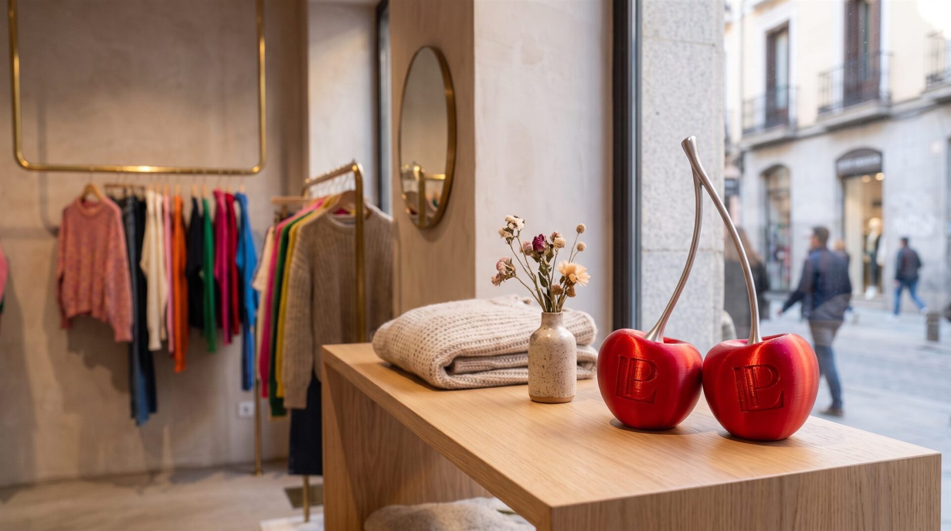 Cerezas decorativas impresas en 3D con el monograma de Lady Pipa en el escaparate de la tienda