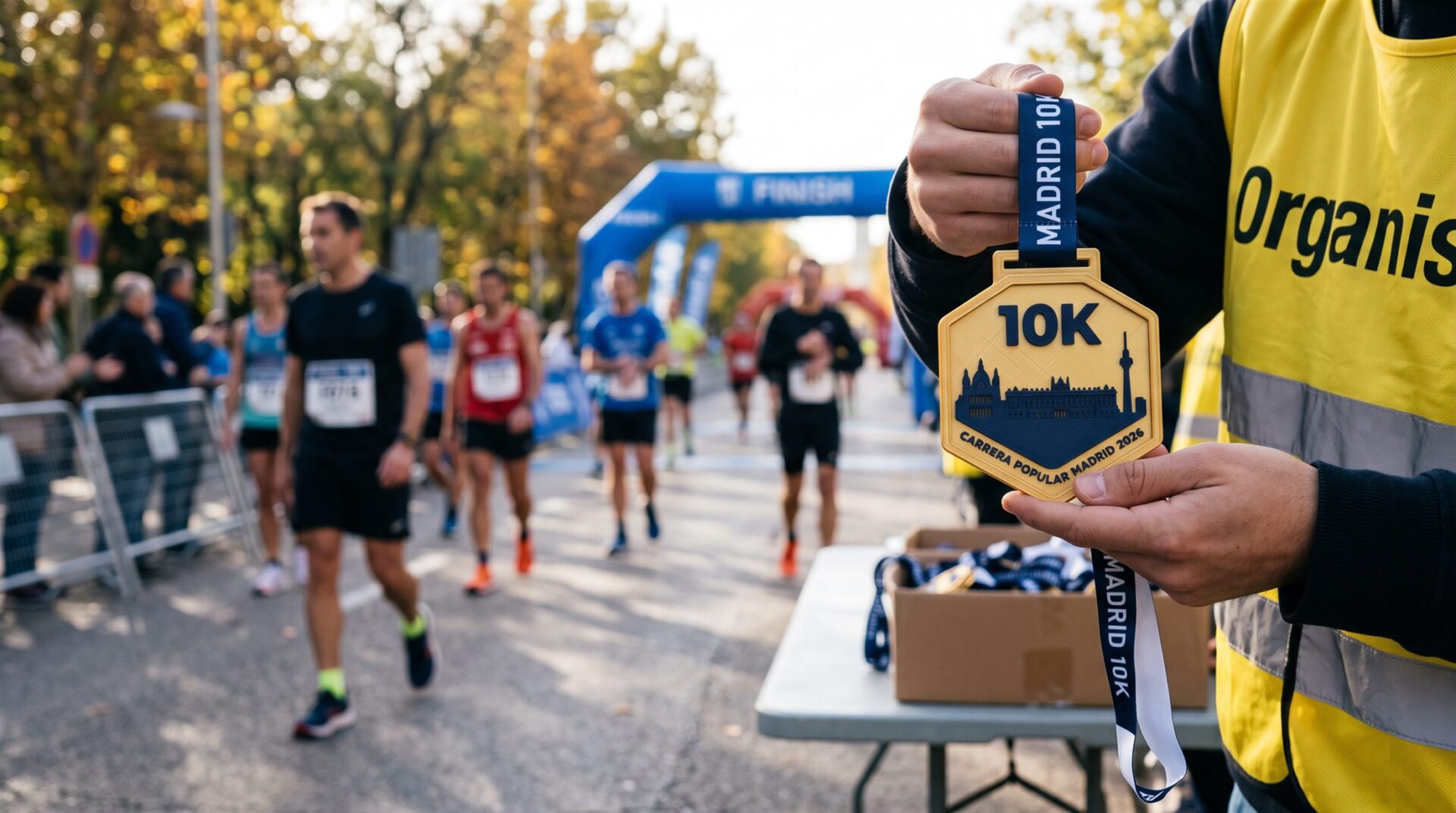 Voluntario mostrando una medalla finisher impresa en 3D de la carrera popular 10K de Madrid en la meta
