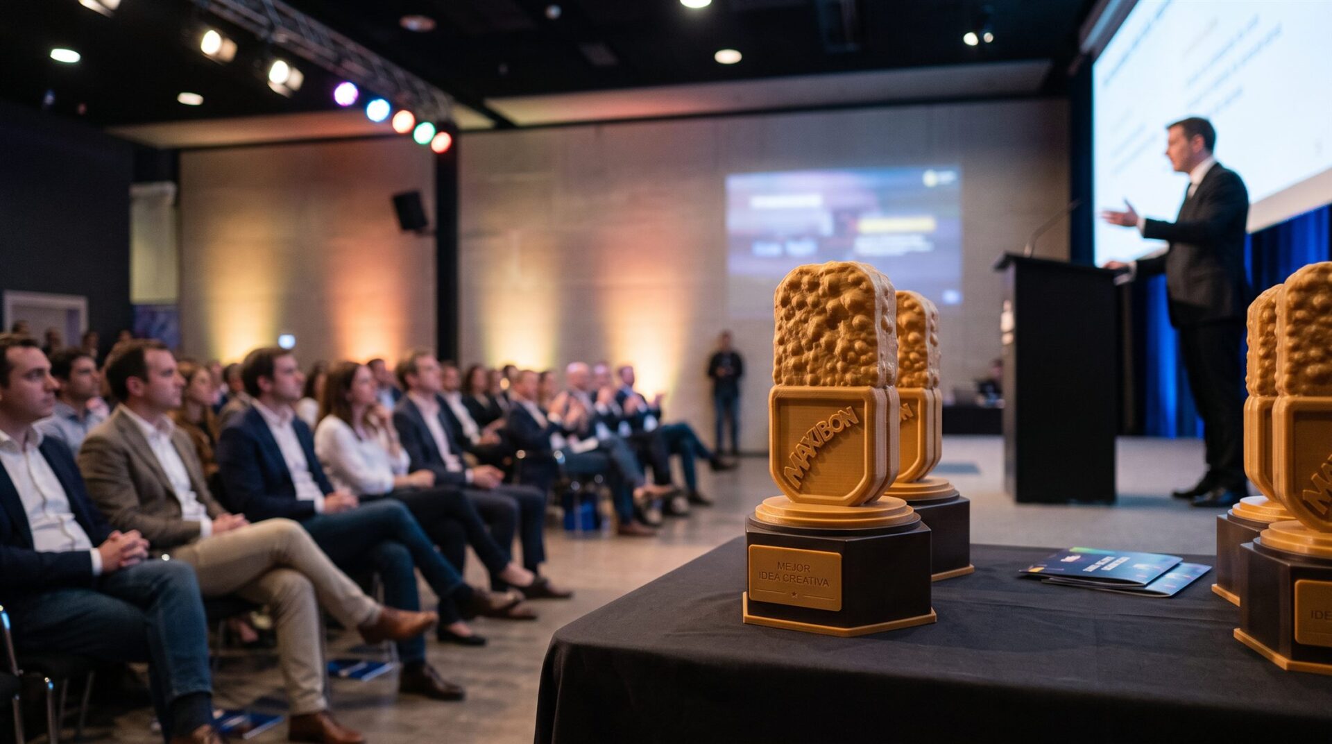 Trofeo «Mejor idea creativa» de Maxibon impreso en 3D sobre la mesa de premios de un evento de empresa