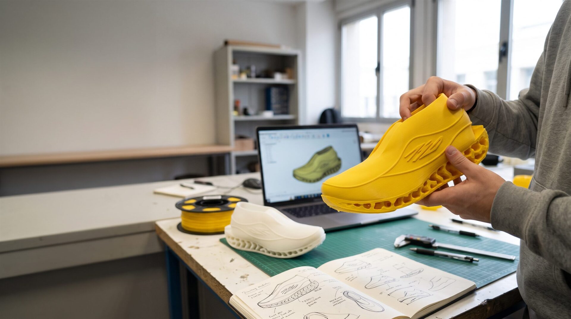 Prototipo de zapatilla impreso en 3D en TPU amarillo para un TFG, en las manos del estudiante