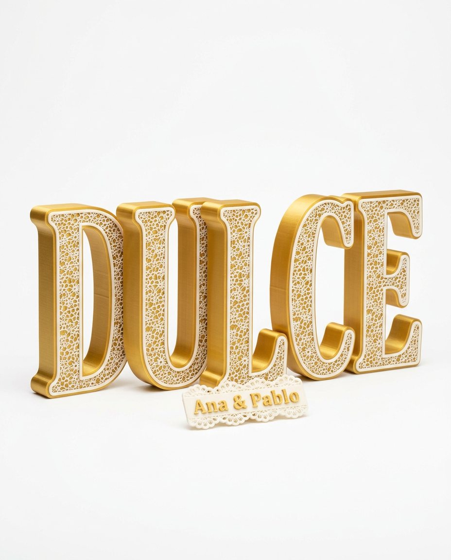 Letras DULCE impresas en 3D en dorado con encaje