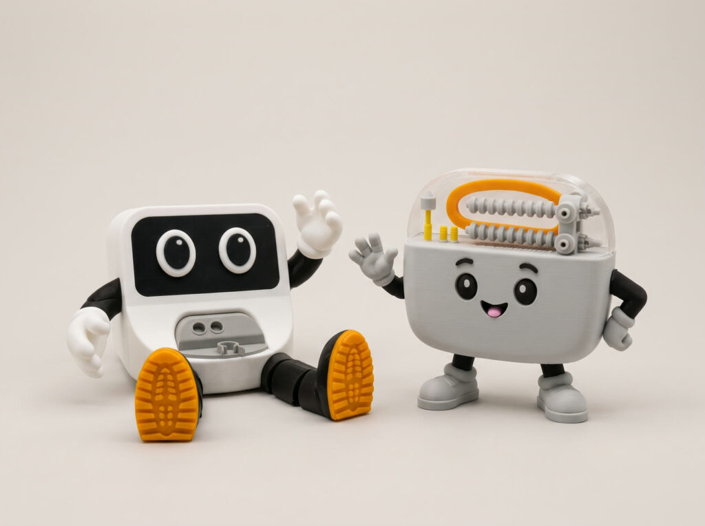 Dos mascotas de marca impresas en 3D: un robot con cara de pantalla y una mascota con carcasa transparente