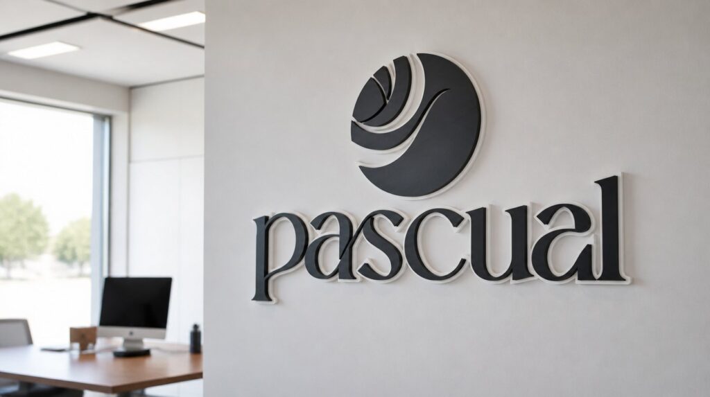 Logotipo de Pascual en relieve 3D en la pared