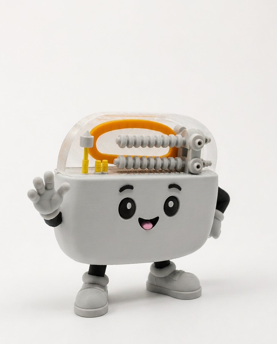 Mascota de marca con forma de tostadora impresa en 3D