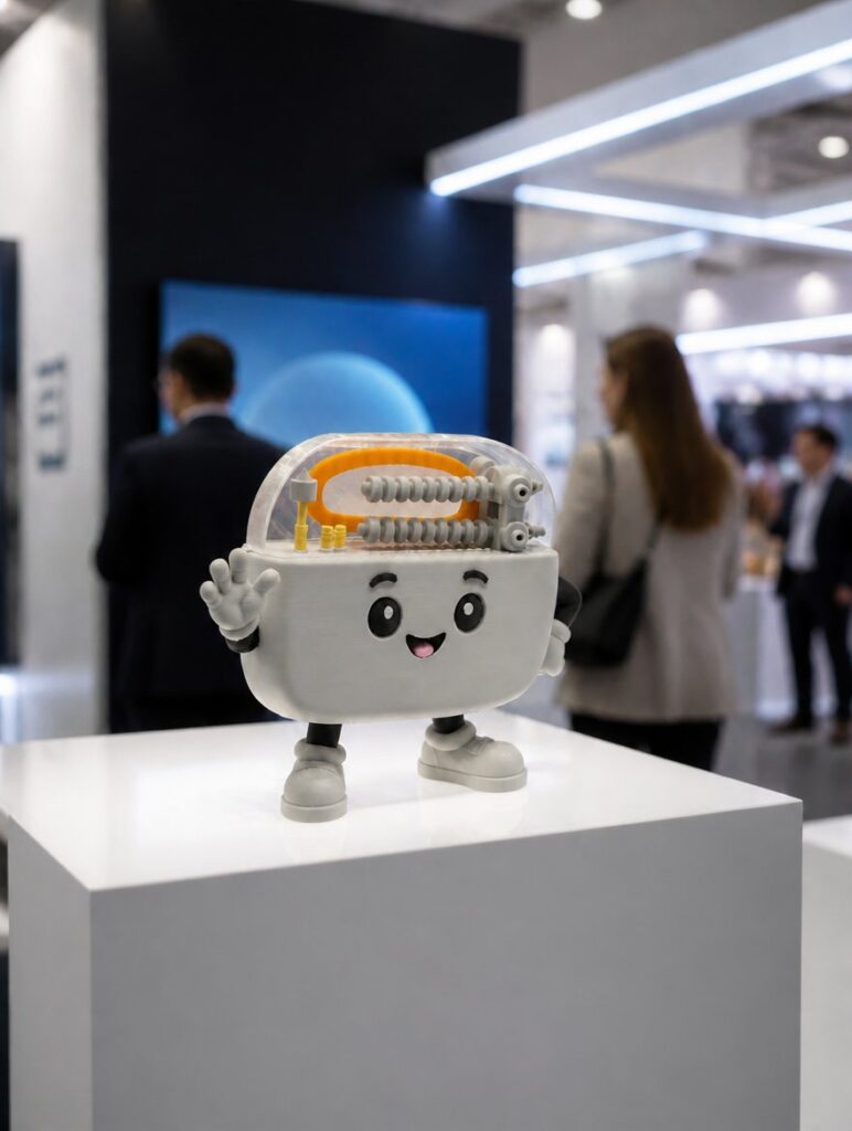 Mascota de marca impresa en 3D en un stand de feria