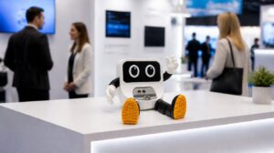 Mascota de marca impresa en 3D en un stand de feria