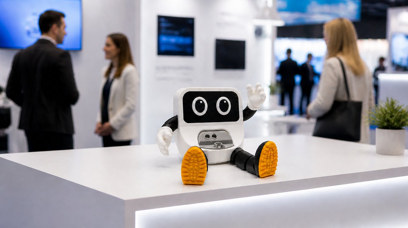 Mascota de marca impresa en 3D en un stand de feria