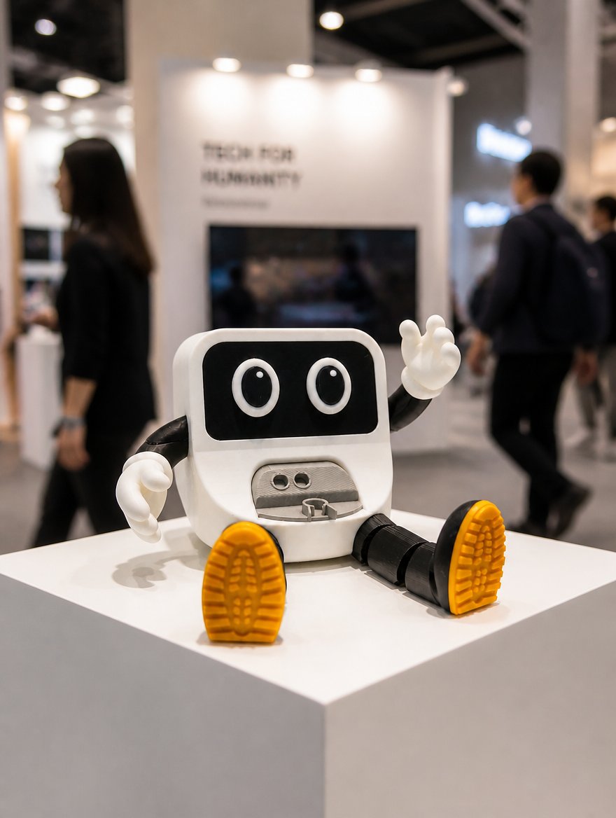Mascota de marca impresa en 3D en un stand de feria