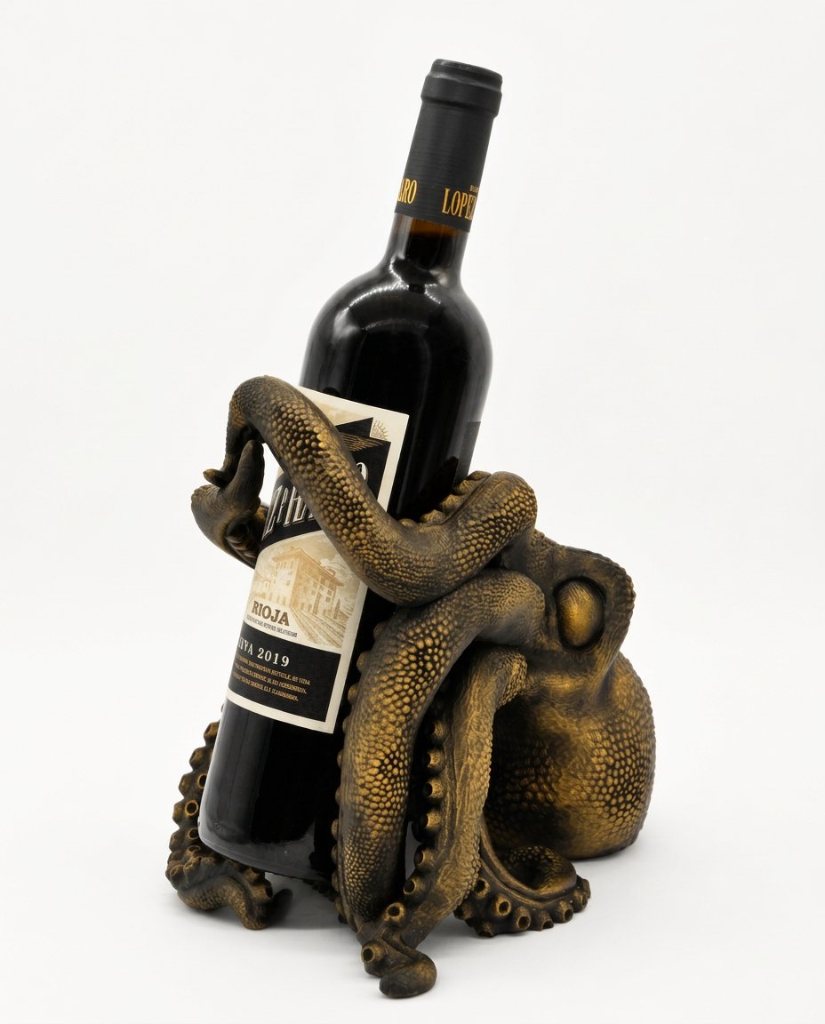 Pulpo sujetabotellas impreso en 3D con una botella de vino
