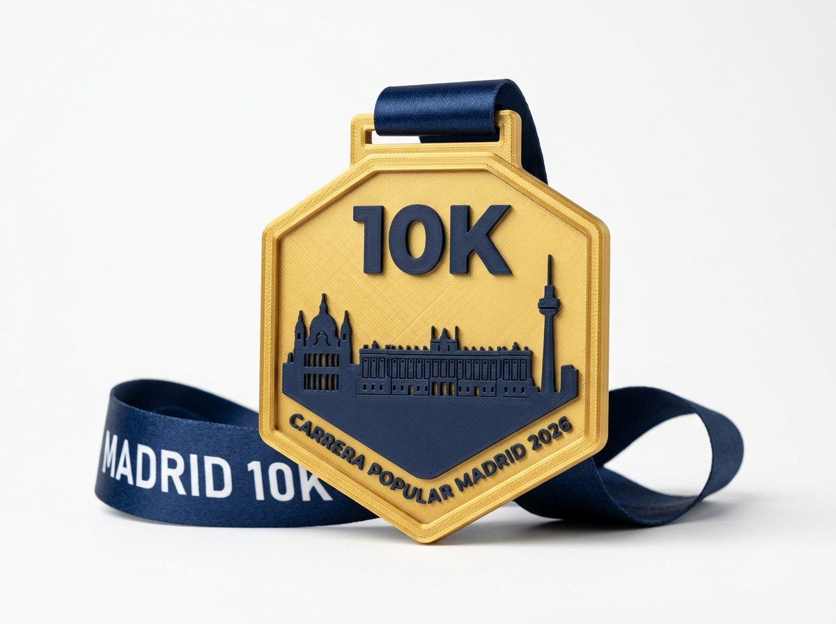Medalla finisher hexagonal impresa en 3D con el skyline de Madrid
