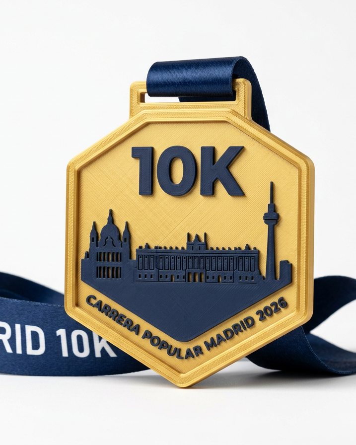 Medalla finisher de una carrera 10K con el skyline de Madrid
