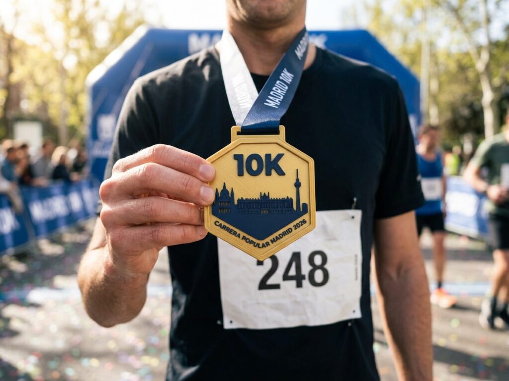 Medalla finisher de carrera 10K Madrid impresa en 3D, en la mano de un corredor en la meta