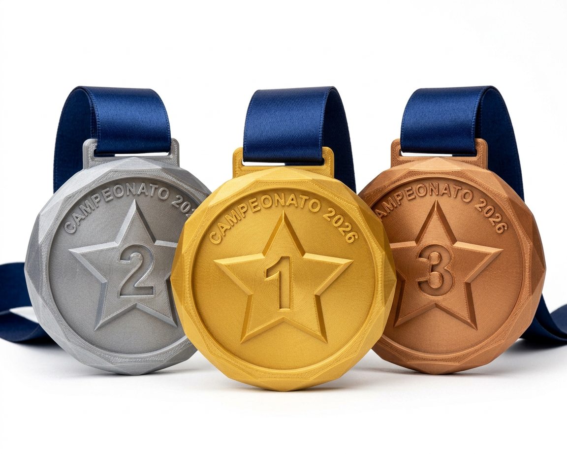 Medallas personalizadas de campeón en oro, plata y bronce impresas en 3D con cinta azul