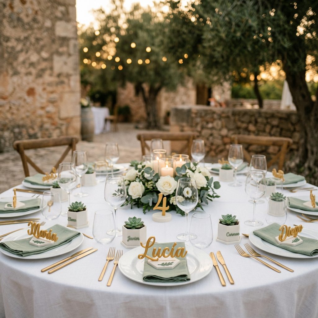 Mesa de banquete de boda con marcasitios y detalles para invitados impresos en 3D