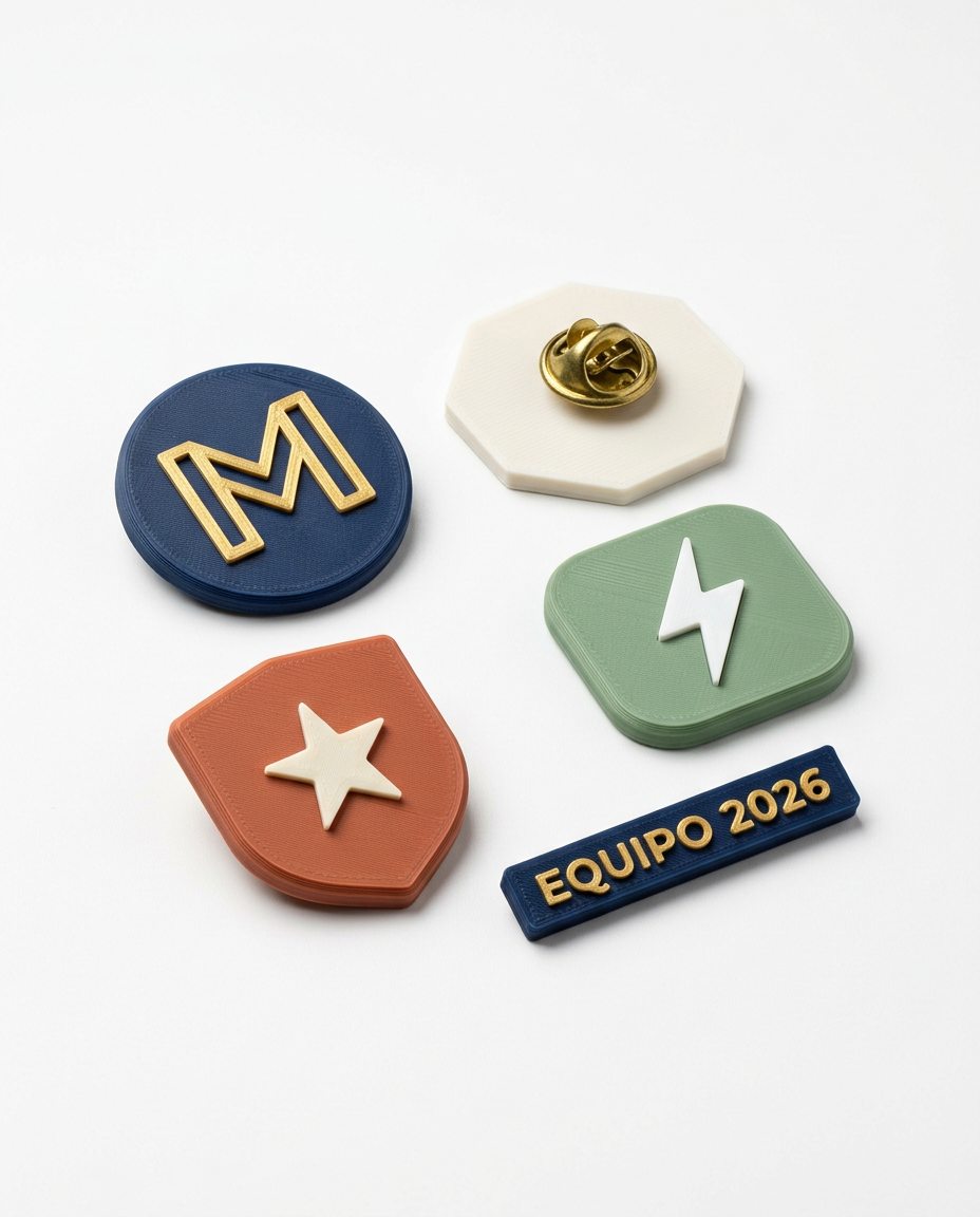Pins y chapas impresos en 3D con relieve en varios colores