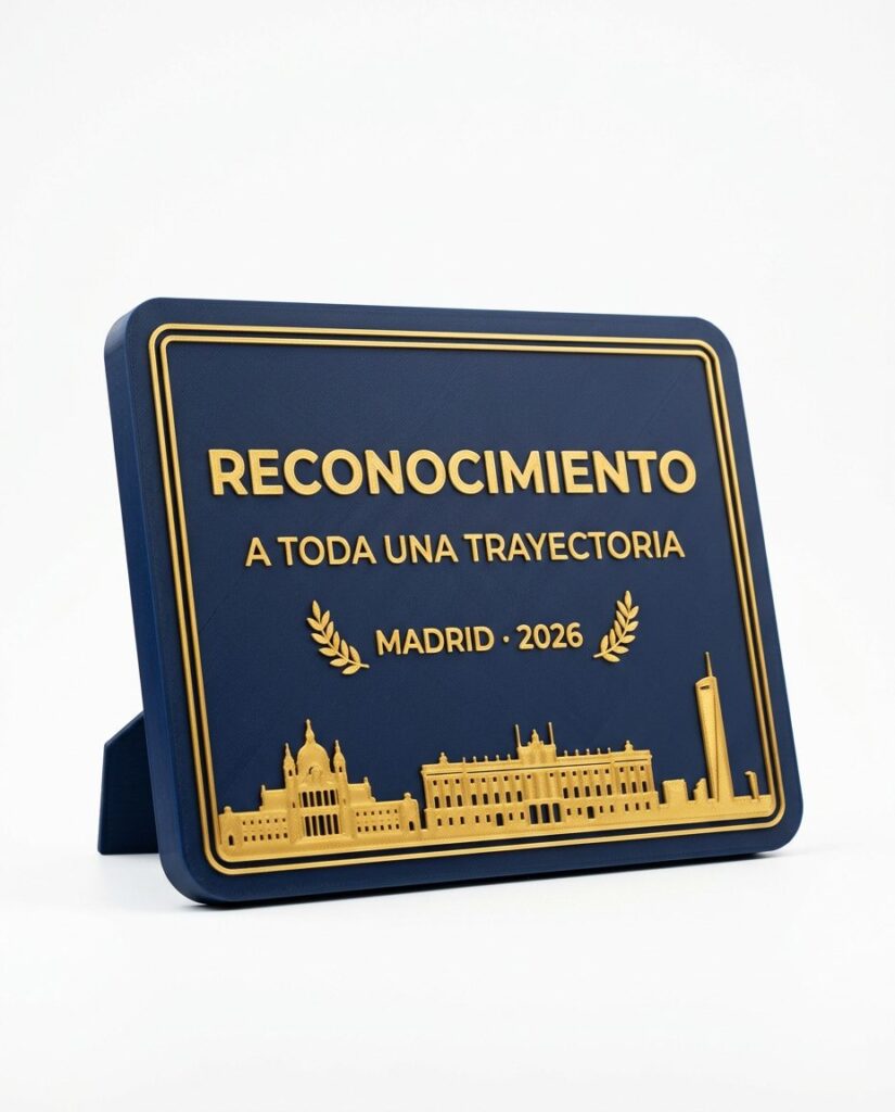 Placa de reconocimiento impresa en 3D con el skyline de Madrid en dorado
