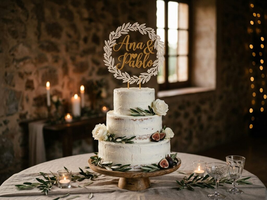 Topper de tarta de boda impreso en 3D con corona de olivo y nombres