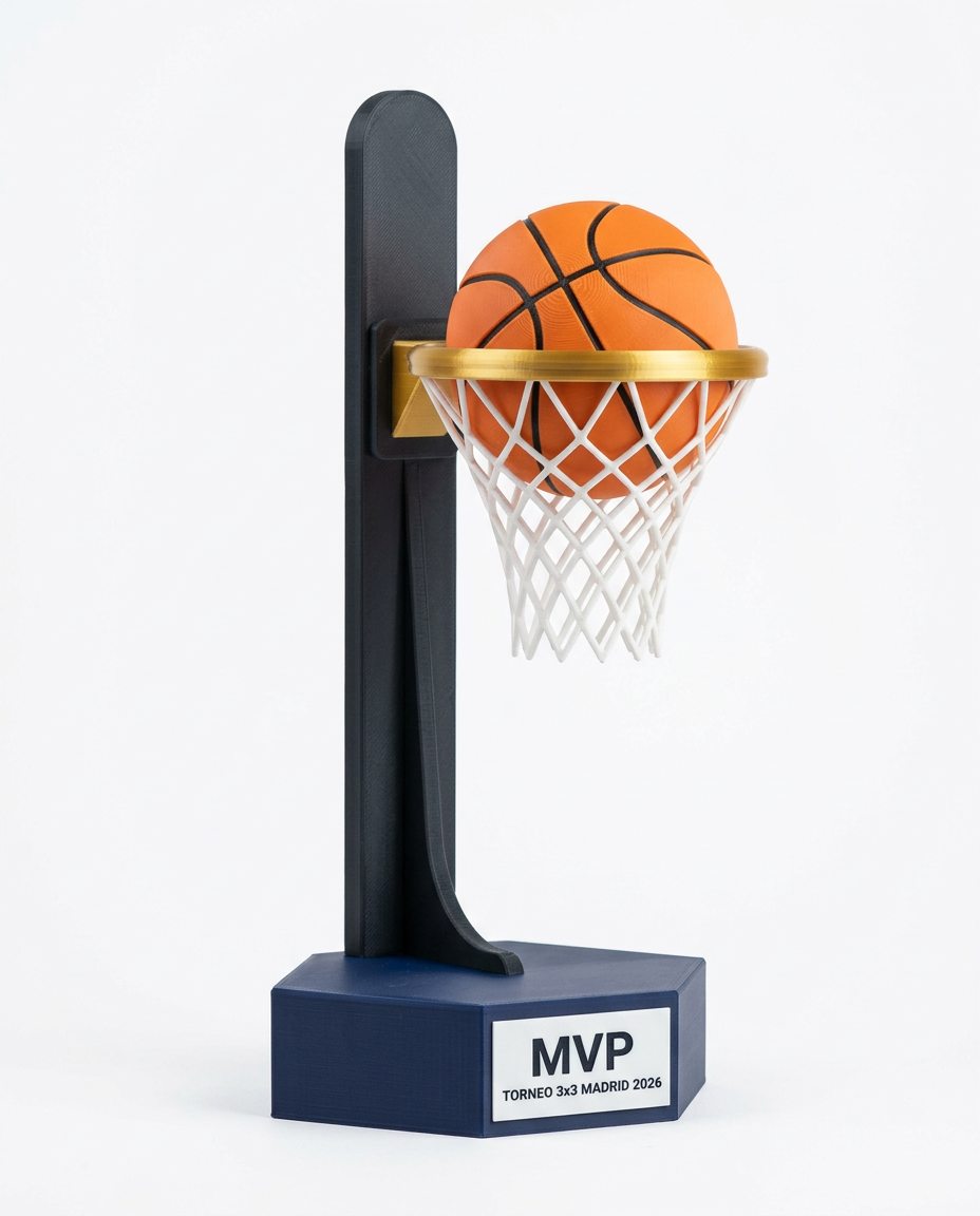 Trofeo de baloncesto con aro, red y balón