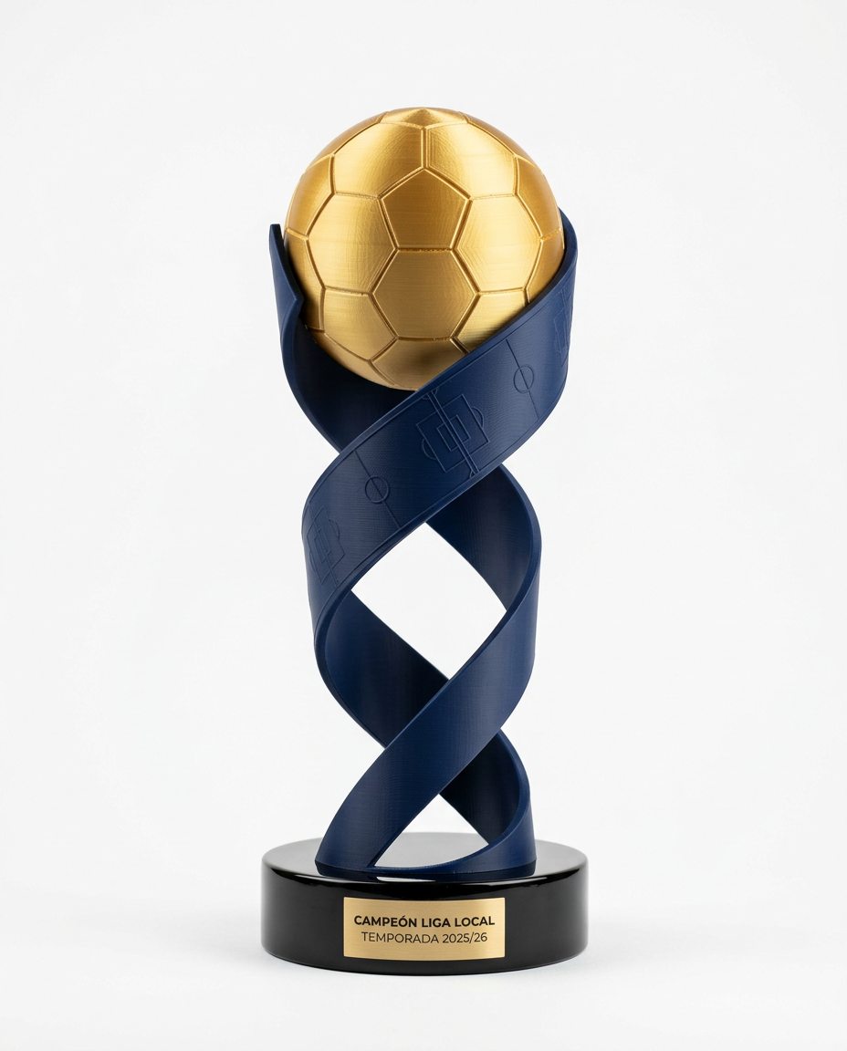 Trofeo de fútbol con cinta en espiral y balón dorado