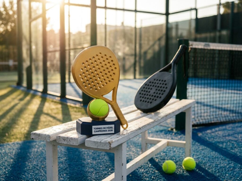 Trofeo de pádel impreso en 3D con forma de pala sobre el banco de una pista