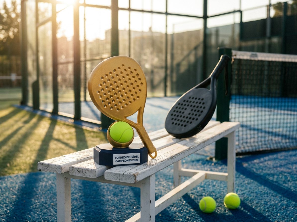 Trofeo de pádel con forma de pala en una pista